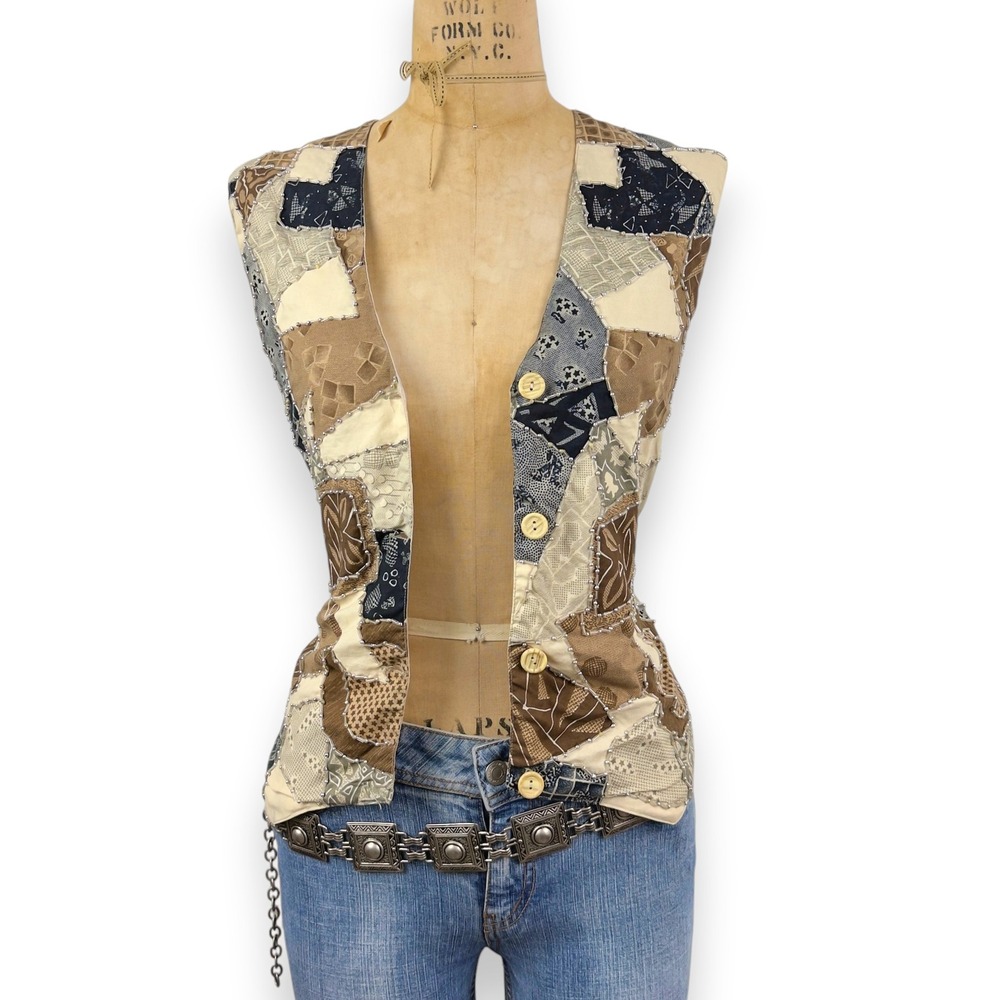 90's Artisan Patchwork Vest Beaded Button Up Waist Tie Maximalist‎ Boho Size L